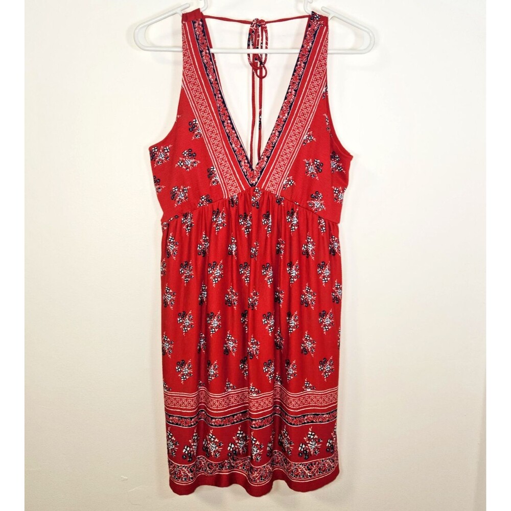 BLUE RAIN By Francesca’s Sleeveless Red Print Deep V-Neck Summer Dress LARGE